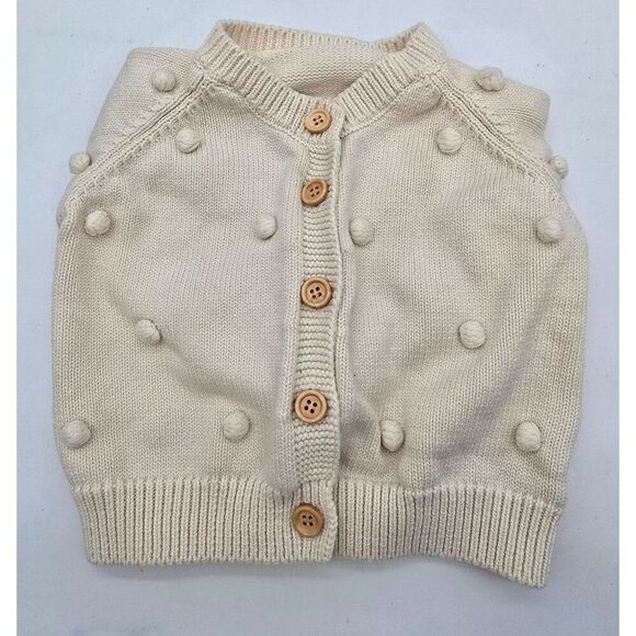 Baby Cardigan With Polka Dot Texture & Wooden Buttons Size 66 100% Cotton Cream - Picture 3 of 5